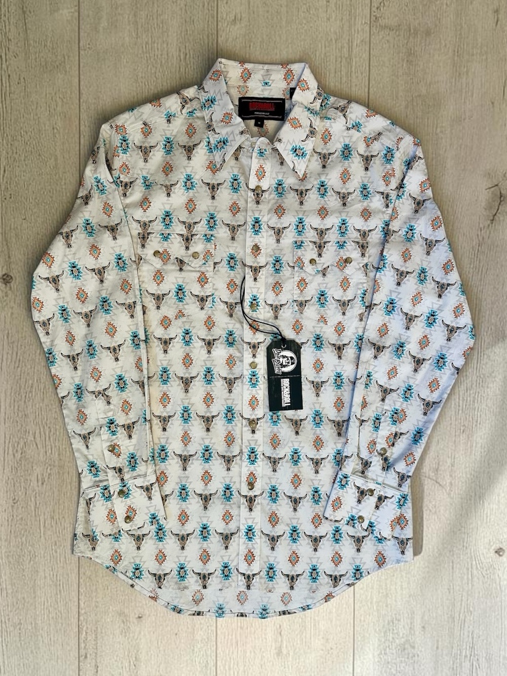 Rock & Roll Denim White Longhorn Print Button-Down Shirt - Teal & Brown Accents